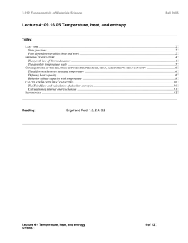 Lecture 4: 09.16.05 Temperature, Heat, and Entropy