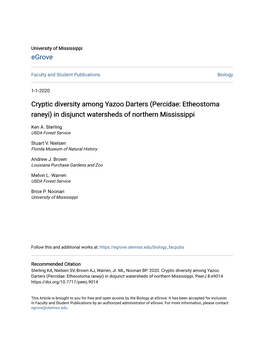 Percidae: Etheostoma Raneyi) in Disjunct Watersheds of Northern Mississippi