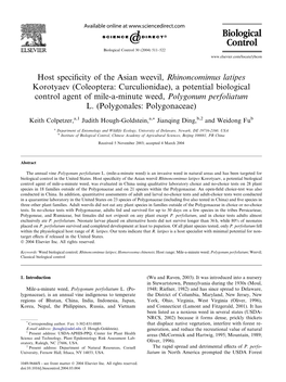 Host Specificity of the Asian Weevil, Rhinoncomimus