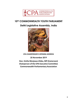 10TH COMMONWEALTH YOUTH PARLIAMENT Delhi Legislative Assembly, India