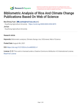 Bibliometric Analysis of Rice and Climate Change Publications Based on Web of Science