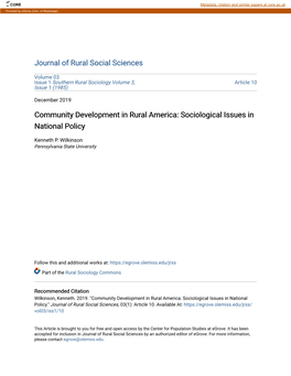 Community Development in Rural America: Sociological Issues in National Policy