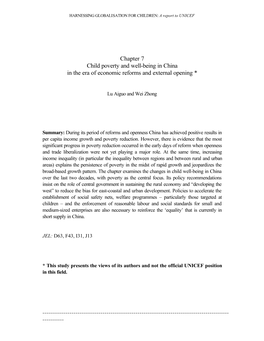 Chapter 7 Child Poverty and Well-Being in China in the Era of Economic Reforms and External Opening *