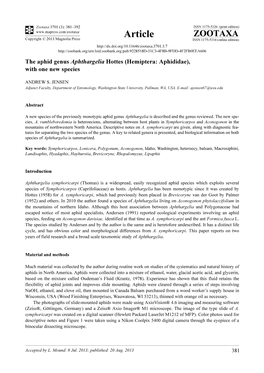 The Aphid Genus Aphthargelia Hottes (Hemiptera: Aphididae), with One New Species