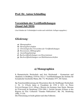 Prof. Dr. Anton Schindling Verzeichnis Der Veröffentlichungen (Stand Juli