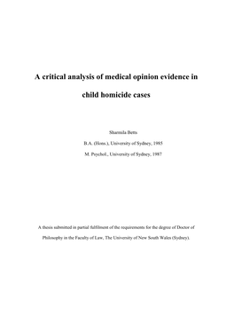 A Critical Analysis of Medical Opinion Evidence in Child Homicide Cases