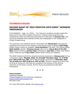 Second Night of 2020 Creative Arts Emmy® Winners Announced