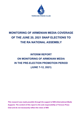 Monitoring of Armenian Media Coverage of the June 20, 2021 Snap Elections to the Ra National Assembly