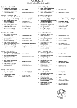 Wimbledon 2013 Schedule for Day 8 Tuesday 2 July 2013