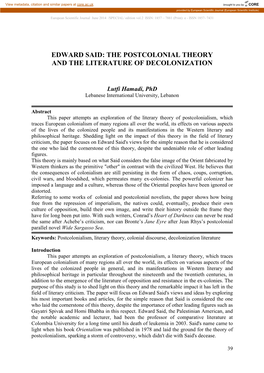 Edward Said: the Postcolonial Theory and the Literature of Decolonization