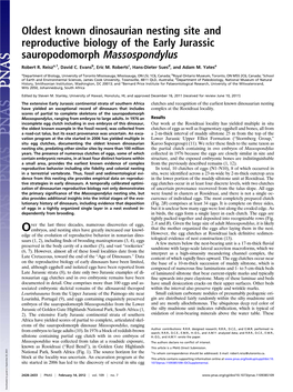 Oldest Known Dinosaurian Nesting Site and Reproductive Biology of the Early Jurassic Sauropodomorph Massospondylus