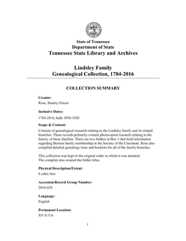 Tennessee State Library and Archives Lindsley Family Genealogical