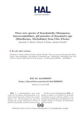 Gill Parasites of Synodontis Spp. (Siluriformes, Mochokidae) from Côte D’Ivoire Enoutchy F