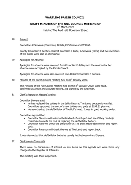 WARTLING PARISH COUNCIL DRAFT MINUTES of the FULL COUNCIL MEETING of 4Th March 2020 Held at the Reid Hall, Boreham Street