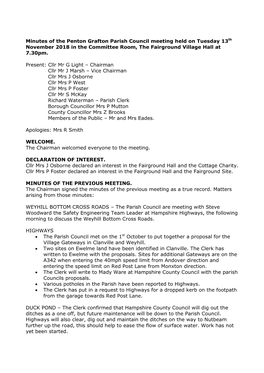 Minutes of the Penton Grafton Parish Council Meeting Held on Tuesday 13Th November 2018 in the Committee Room, the Fairground Village Hall at 7.30Pm