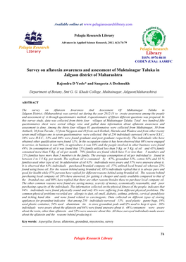 Survey on Aflatoxin Awareness and Assessment of Muktainagar Taluka in Jalgaon District of Maharashtra