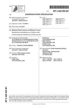 Metalized Plastic Articles and Methods Thereof Metallisierte Kunststoffartikel Und Verfahren Dafür Articles Plastiques Métallisés Et Procédés Associés