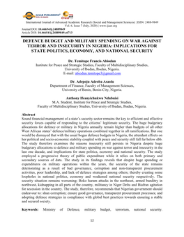 Defence Budget and Military Spending on War Against Terror and Insecurity in Nigeria: Implications for State Politics, Economy, and National Security