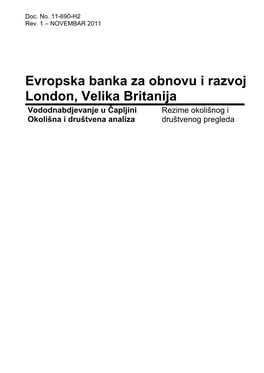 Evropska Banka Za Obnovu I Razvoj London, Velika Britanija Vododnabdjevanje U Ĉapljini Rezime Okolišnog I Okolišna I Društvena Analiza Društvenog Pregleda