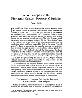 A. W. Schlegel and the Nineteenth-Century Damnatio of Euripides Ernst Behler