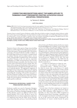 Correcting Misconceptions About the Names Applied to Tasmania’S Giant Freshwater Crayfish Astacopsis Gouldi (Decapoda: Parastacidae)