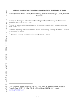 Impact of Sulfur Dioxide Oxidation by Stabilized Criegee Intermediate on Sulfate 2 3 Golam Sarwar 1*, Heather Simon 2, Kathleen Fahey 1, Rohit Mathur 1,Wendy S