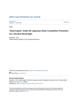 “Dead Copies” Under the Japanese Unfair Competition Prevention Act: the New Moral Right