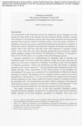 Cleopatra II and III: the Queens of Ptolemy VI and VIII As Guarantors of Kingship and Rivals for Power