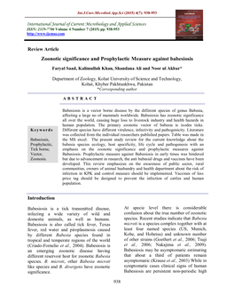 Zoonotic Significance and Prophylactic Measure Against Babesiosis