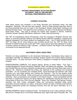 Incident Management Situation Report Saturday, June 29, 2002 0800 Mdt National Preparedness Level 5