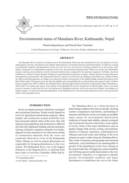 Environmental Status of Manahara River, Kathmandu, Nepal