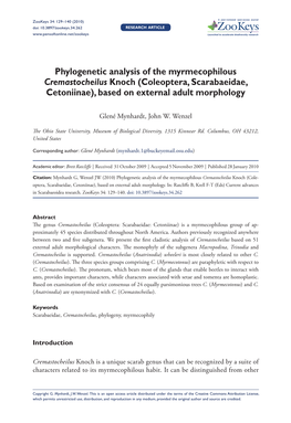 Phylogenetic Analysis of the Myrmecophilous Cremastocheilus Knoch (Coleoptera, Scarabaeidae, Cetoniinae), Based on External Adult Morphology
