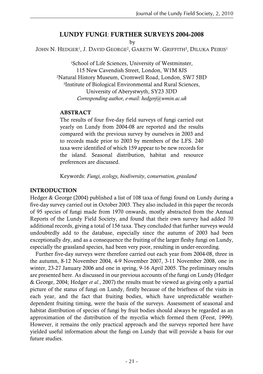 LUNDY FUNGI: FURTHER SURVEYS 2004-2008 by JOHN N