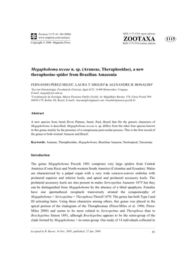 Zootaxa, Megaphobema Teceae N. Sp. (Araneae, Theraphosidae)