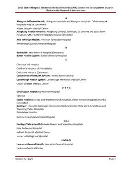 2020 List of Hospital Electronic Medical Records (EMR) Connected to Outpatient Dialysis Clinics in the Network 4 Service Area