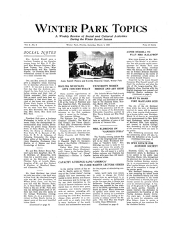 WINTER PARK TOPICS a Weekly Review of Social and Cultural Activities During the Winter Resort Season