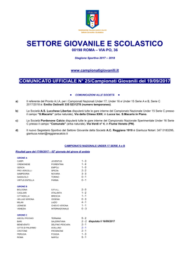 Settore Giovanile E Scolastico 00198 Roma – Via Po, 36