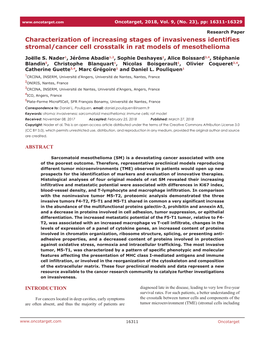 Characterization of Increasing Stages of Invasiveness Identifies Stromal/Cancer Cell Crosstalk in Rat Models of Mesothelioma