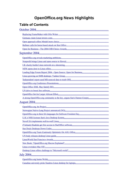 Openoffice.Org News Highlights Table of Contents Octo Ber 2004