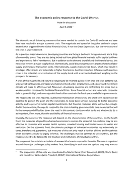 The Economic Policy Response to the Covid-19 Crisis Note for Discussion April 9, 2020 *