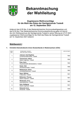 Bekanntmachung Zugelassene Wahlvorschläge Der Samtgemeinde