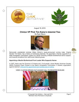 Clinton VP Pick Tim Kaine's Islamist Ties