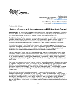 Baltimore Symphony Orchestra Announces 2019 New Music Festival