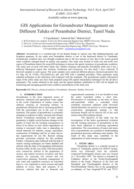 GIS Applications for Groundwater Management on Different Taluks of Perambalur District, Tamil Nadu