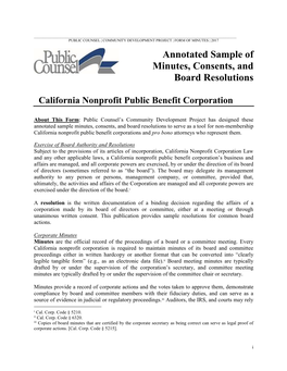 Annotated Sample of Minutes, Consents, and Board Resolutions