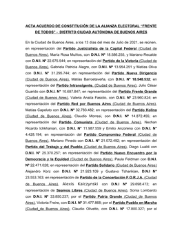 Acta Acuerdo De Constitución De La Alianza Electoral "Frente De Todos"