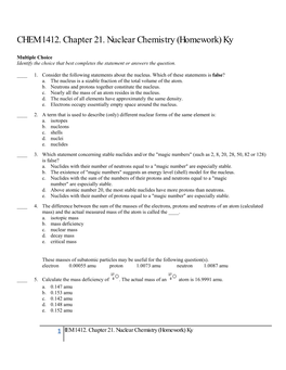 CHEM 1412. Chapter 21. Nuclear Chemistry (Homework) Ky