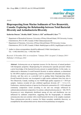 Bioprospecting from Marine Sediments of New Brunswick, Canada: Exploring the Relationship Between Total Bacterial Diversity and Actinobacteria Diversity