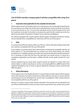 ACEA – E10 Petrol Fuel: Vehicle Compatibility List