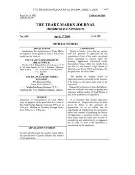 THE TRADE MARKS JOURNAL (No.699, APRIL 1, 2009) 4997